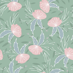 Naklejka na meble Floral vector seamless pattern with  flowers, berries, leaves and twigs. Beautiful hand drawn bouquets in pastel colors in vintage style.