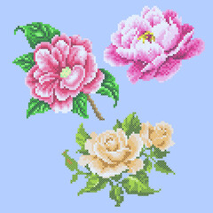 Canvas Print - cross stitch flower set