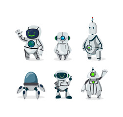 Poster - cute robots flat icon set. cartoon futuristic cyborg characters isolated vector illustration collect
