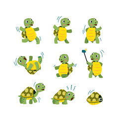 Wall Mural - Cute little turtle flat icon set. Cartoon smiling animal character dancing, walking and having fun isolated vector illustration collection. Mascot and tortoise concept