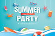 Summer party invitation banner with decoration origami. Paper art and craft style.