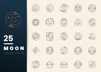 moon and woman hands in various gestures. modern minimal linear template logos or emblems. abstract 