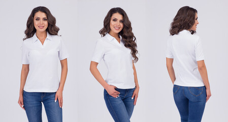 Wall Mural - Beautiful girl in a t-shirt of white color. Front view, look behind, side view. T-shirt template