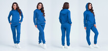 The Beautiful Girl In A Blue Sports Suit With A Hood. Front View, Side View, Rear View. Sweatshirt Template