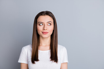 Wall Mural - Close-up portrait of her she nice attractive lovely pretty cute dreamy curious cheery smart clever girl overthinking new plan isolated over grey pastel color background