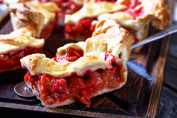 Canvas Print - close-up of Homemade Strawberry Rhubarb Pie slice