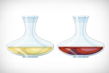 Vector Set Of Transparent Classical Glass Decanter With White, Red Wine. Glass Vase Icon In Flat Style For Web Interior Designs