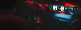 Modern cars are in the studio room. 3d illustration and 3d render.