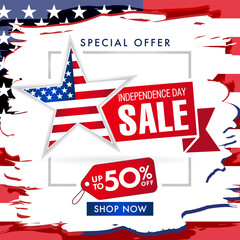 Wall Mural - Independence day USA, Fourth of july Sale banner brush paint. 4th of July United States of America typography vector Illustration for special offer 50 off weekend discount poster