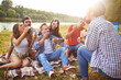 © Studio Romantic - Young people make soap bubbles while sitting on the grass on in nature.