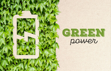 Banner with the inscription green power on a background of cardboard and green leaves. 3D rendering