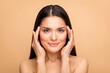 © deagreez - Close-up portrait of her she nice-looking attractive lovely confident peaceful woman touching temples making massage domestic procedure isolated over beige pastel color background