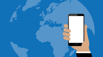 Poster - hand hold smartphone on blue earth background vector illustration eps10