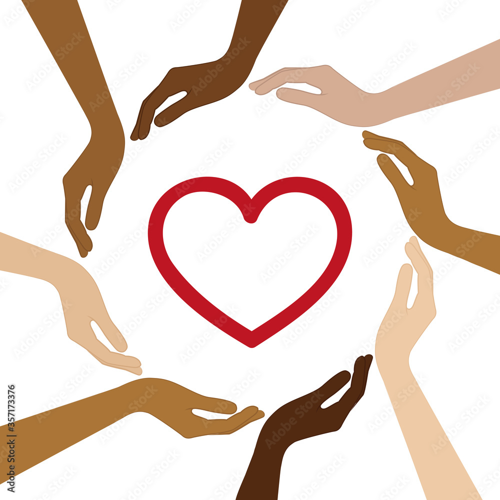 heart in the middle of human hands with different skin colors vector ...