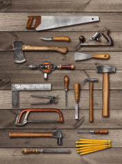 Wall Mural - Old carpenter DIY hand tools on wood