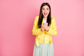 Sticker - Portrait of her she nice-looking attractive lovely glad cheerful cheery girl using cell good luck browsing app 5g isolated on bright vivid shine vibrant yellow color background