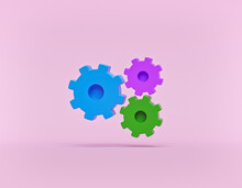 Three Gear Wheels Isolated On Pastel Background. Minimal Concept. 3d Rendering