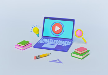 Aufkleber - Online Learning Concept with laptop, books, bulb, pencil. minimal cartoon style. 3d rendering