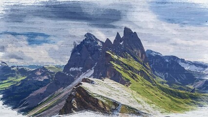 Wall Mural - watercolor timelapse of seceda in south tyrol, dolomites