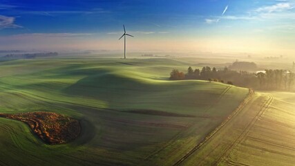 Wall Mural - Stunning foggy sunrise on field with wind turbine