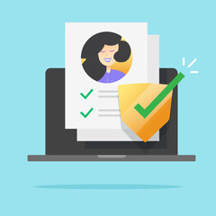 Aufkleber - Personal data security protection check icon or privacy confidential user profile document icon vector flat cartoon, secure identity info on paper sheet with check mark shield modern design image