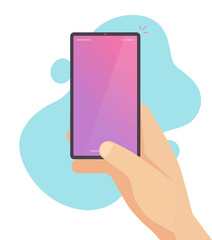 Poster - Cellular phone in hand or man using mobile smartphone with blank empty screen vector flat cartoon illustration, person holding or showing cellphone display modern clipart design image