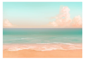 Vector illustration of tropical beach in morning. Hand painted watercolor background.
