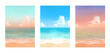 Vector illustrations of tropical beach in various scenes. Hand painted watercolor background.