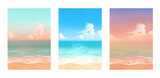 Fototapeta  - Vector illustrations of tropical beach in various scenes. Hand painted watercolor background.
