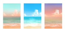 Vector Illustrations Of Tropical Beach In Various Scenes. Hand Painted Watercolor Background.