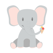 Cute Grey Elephant With Ice Cream. Cartoon Style. Good For Kids. Vector