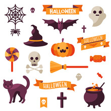 Set Of Halloween Ribbons And Characters Isolated On White Background. Vector Illustration. Orange Pumpkin And Spider Web, Witch Hat And Cauldron, Skull And Bones, Cat.