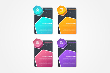 Poster - Abstract business infographic template with four hexagon in white border and black color background. rectangle vertical shape with diagonal line pattern. the colors are blue, orange, purple and pink. 