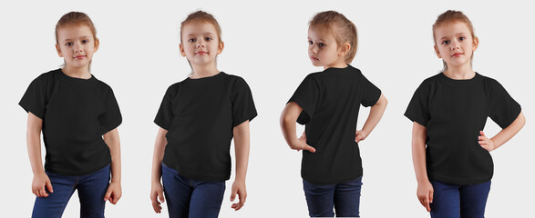 Mockup black t-shirt on a pretty girl, front and back view, empty clothes on a child for design presentation.