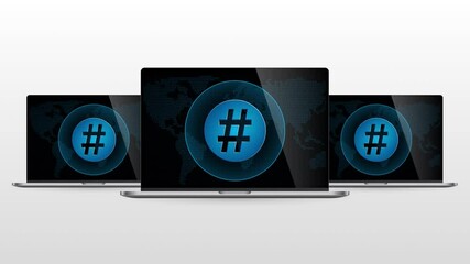 Sticker - Digital world laptop device with keyword icon. Realistic laptop monitor with Hashtag symbol in screen and light gradient background.