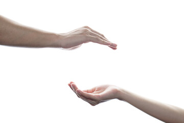 Couple open cupped hands with empty between on white isolated background.