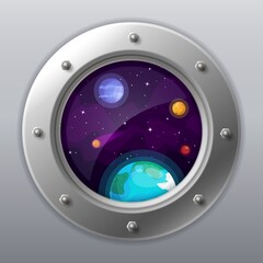 spaceship window view. porthole from rocket to dark sky with earth, stars, planets. shuttle with rou