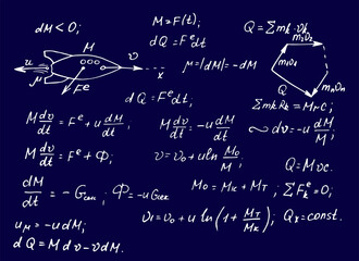 Wall Mural - The calculation of the trajectory of a missile. Physics mathematical formula equation, doodle handwriting icon in blueprint background with hand drawn model, create by vector. Vintage blueprint.