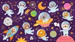 Animals in open space. Cute animal astronauts in space suits, flying in rocket. Characters exploring universe galaxy with planets, stars, spaceship for children print cartoon vector pattern.