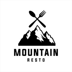 Wall Mural - Mountain restaurant logo template design in Vector illustration, fun outdoor travel food black vintage badge cafe logo design