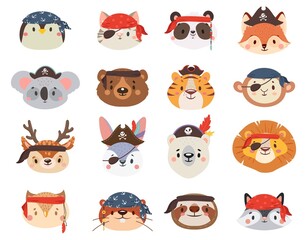 Little animals in pirate hats as penguin and cat, lion and tiger, sloth, giraffe, raccoon and deer. Cute, funny characters isolated on white for children print, book vector illustration.