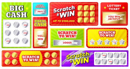 Scratch cards. Lottery games cards with lucky winning tickets and loser scratch marks. Gambling, fast win jackpot, scratching vector coupons. Big royal cash. Chance to win in competition..