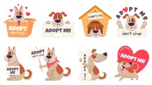 Cartoon Adopt Dog. Help Homeless Animals Find Home Concept, Sad Dogs With Text Adopt Me, Dont Shop, Puppies Adoption Vector Set. Pet In Doghouse, Cardboard Box, Holding Signboard, Heart.