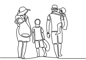 Family holiday continuous line drawing. Father, mother, son and little girl go to the beach. Hand drawn happy parents with children doing vacation on the beach. Vector illustration