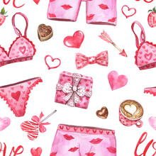 Watercolor Valentines Day Themed Seamless Pattern. Hand Drawn Red And Pink Hearts, Sexy Lingerie, Coffee Cup, Gift Box On White Background. Romantic Holiday Print. Cute Wallpapers
