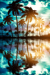 Wall Mural - night landscape with palm trees, against the backdrop of a neon sunset, stars. silhouette coconut pa