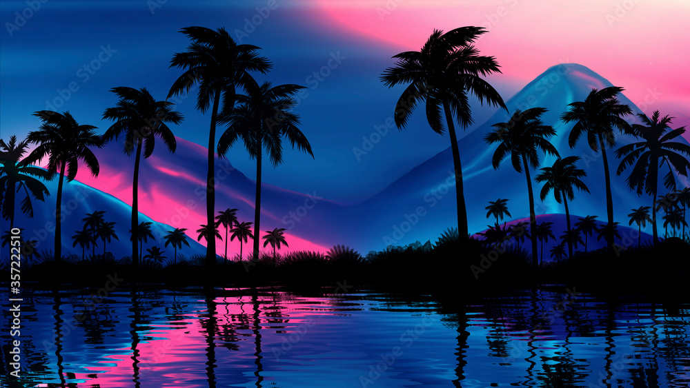 Night landscape with palm trees, against the backdrop of a neon sunset ...