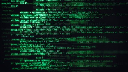 Green Blocks of abstract program code are written and moved in the virtual space. Data flow animation. IT, software development and hacking concept. encrypted security code