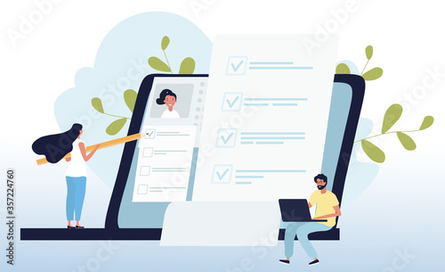 Fotomural Online exam concept using laptops with young male and female students completing