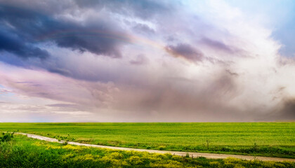 Poster - field  rainbow and stormy sky